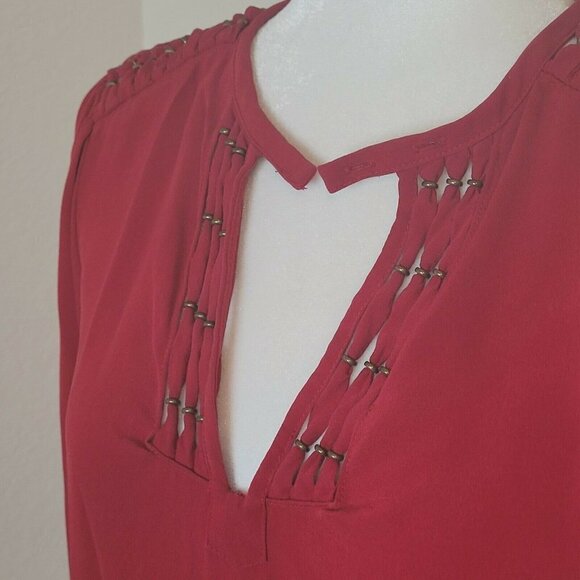 Diane von Furstenberg Deep Red and Gold Silk Keyhole Long Sleeve Blouse Size 0 - Picture 4 of 10